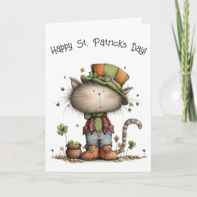 Charmig St. Patrick's Day Katt och Guldgryte Kort (Framsida)