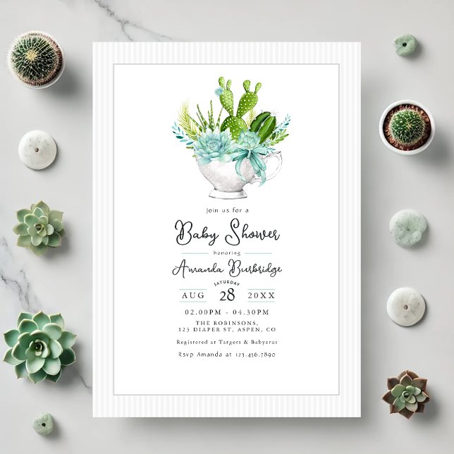 Charmig Suckulent Tekopps Baby Shower Inbjudningar (Charming Succulent Teacup Baby Shower Invitation)