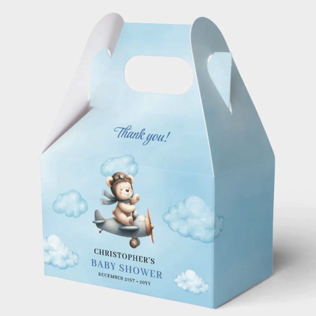 Charmig Teddybjörn Aviator Blå Brun Pojke Shower  Presentaskar (Charming Teddy Bear Aviator Blue Brown Boy Shower Favor Box

)