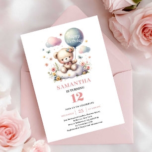 Charmig teddybjörn blommig ballong födelsedagsinbj inbjudningar