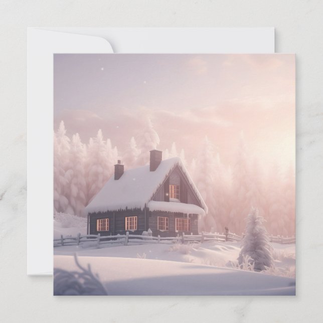 Charmig trähyttja i skog täckt av snö julkort (Framsida)