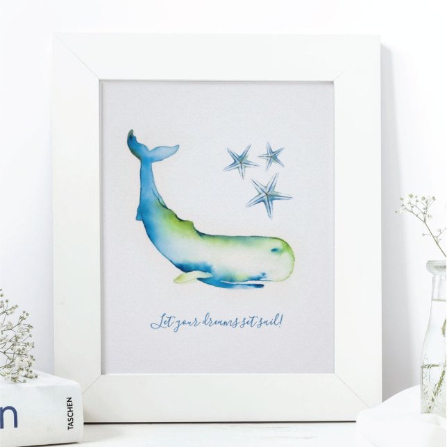 Charmig väggkonst Akvarell Blå Val (Wall Art home decor ideas Watercolor Blue Whale with inspirational quote for home )