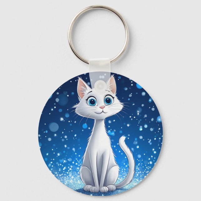 Charmig vit katt med stora blå ögon nyckelring (Framsida)