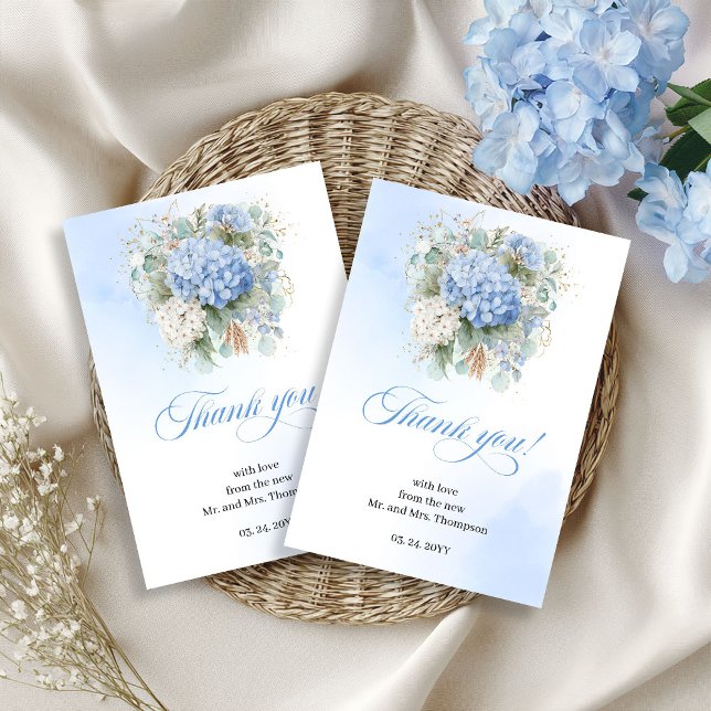 Charmiga blå hortensior Eukalyptus Bröllop tack Kort (Charming Blue Hydrangeas Eucalyptus Wedding thank you card

)