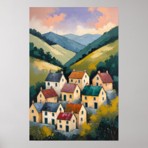 Charmiga byhus i böljande kullar landskap poster