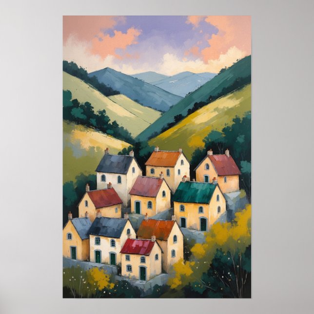 Charmiga byhus i böljande kullar landskap poster (Framsidan)