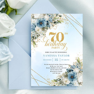 Charmiga dammiga blå blommor guld ram 70-årsdag inbjudningar