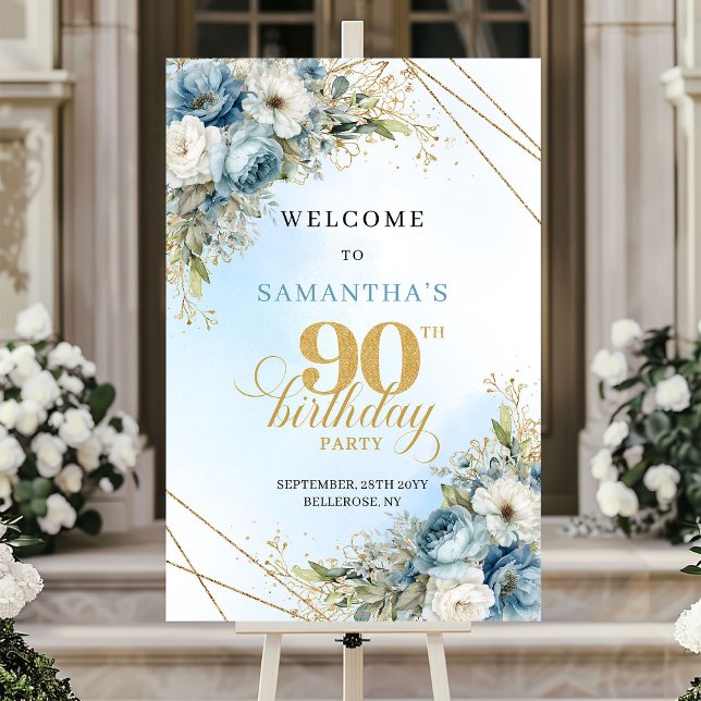 Charmiga dammiga blå blommor guld ram 90-årsdag poster (Charming dusty blue florals gold frame 90th birthday

)