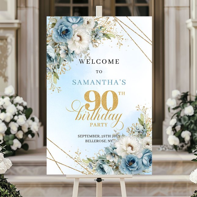 Charmiga dammiga blå blommor guld ram 90 födelseda poster (Charming dusty blue florals gold frame 90th birthday)