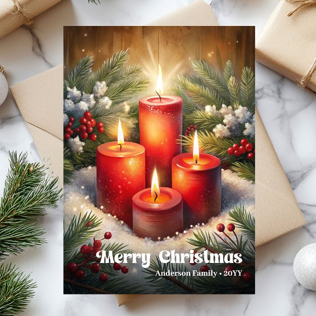 Charmiga julgranskandlar klassiska järnekbär julkort (Charming Christmas candles classic holly berries Holiday Card)