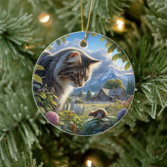 Charmigt inhemskt långhårigt kattminne julgransprydnad keramik (Skapare uppladdad)