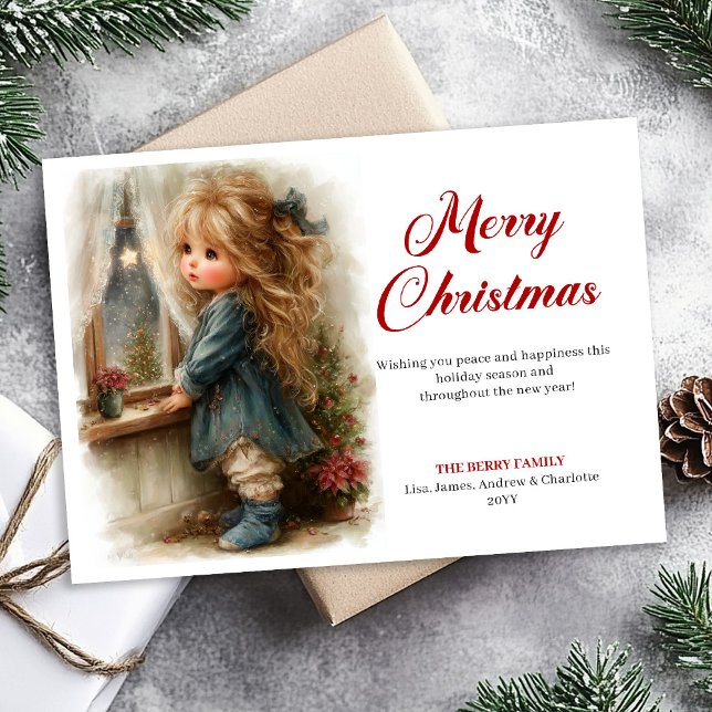 Charmigt litet tjej väntar på tomten Digitalt  Julkort (Charmingly Little Girl Awaits Santa Digital Holiday Card)