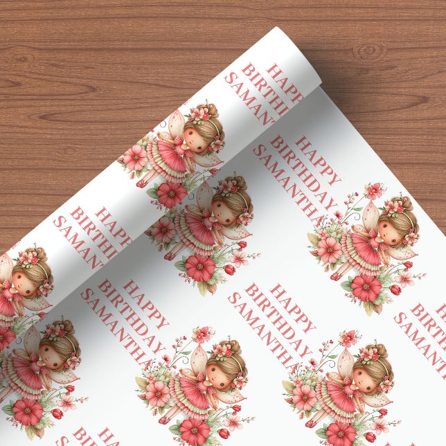 Charmigt Sagoblomsterflicka Röda Blommor Födelseda Presentpapper (Charming Fairy Girl Blush Floral Birthday Wrapping Paper

)
