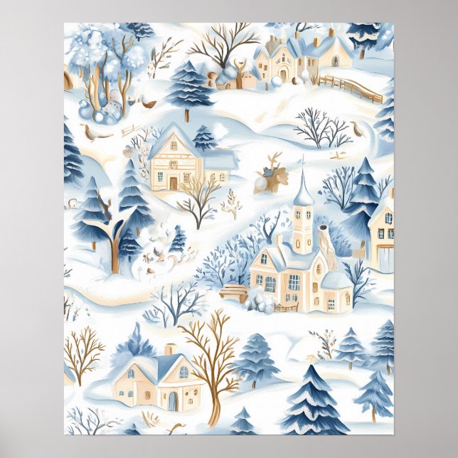 Charmigt snöigt bylandskap med skogslevande djur poster (Framsidan)