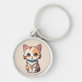 Charmigt sött kattdesign rund silverfärgad nyckelring