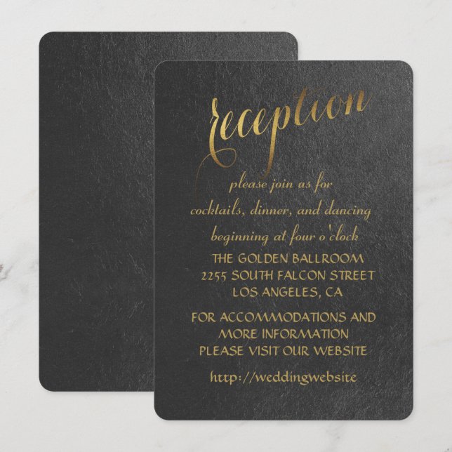Charmigt svart bröllopsmottagning med guldprägling inbjudningar (Fram/baksida)