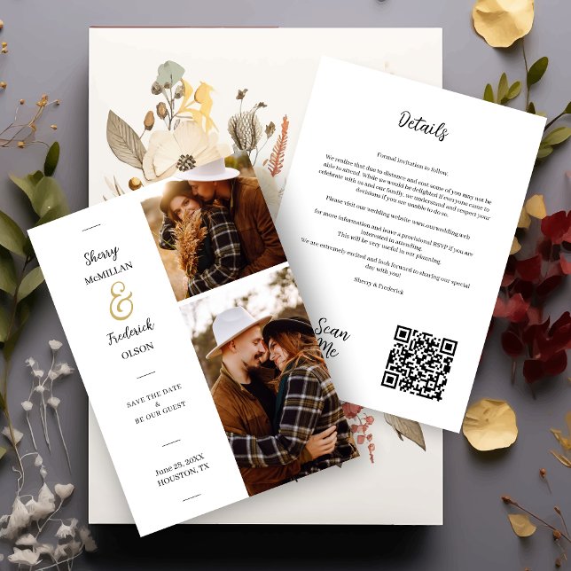 Charming 2 foton Minimal QR-kod för Bröllop Spara Datumet (Charming 2 Photos Minimal Wedding Save the Date Downloadable Card with QR Code and Envelope.)