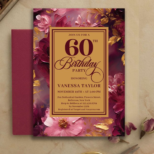 Charming 60th Birthday Burgundy Roses Gold Invite Inbjudningar (Charming 60th Birthday Burgundy Roses Gold Invitation)