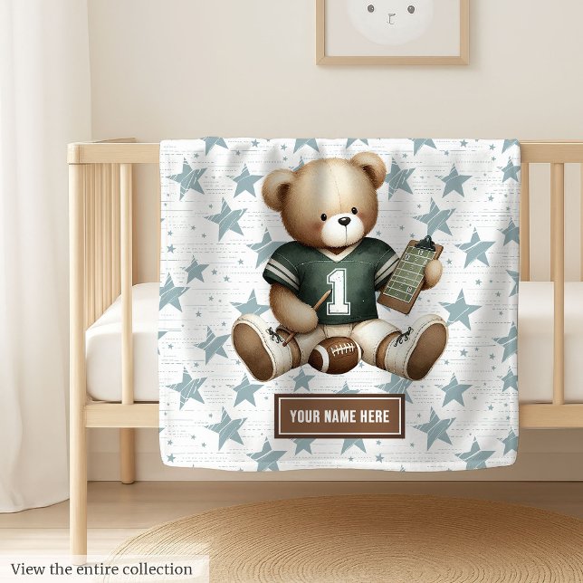 Charming American Football Nalle Baby Gift Fleecefilt (Adorable teddy bear football blanket, custom and perfect boy birthday gift for toddlers.)