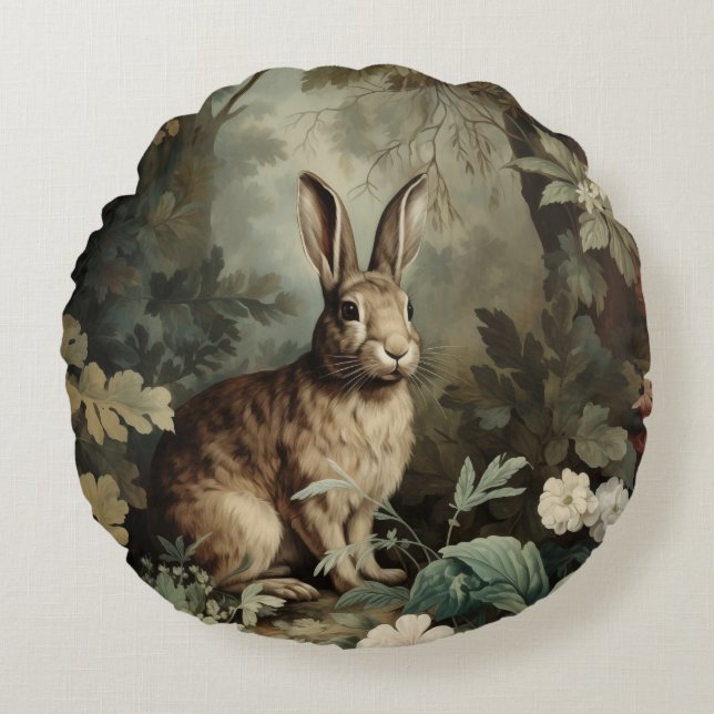 Charming Antique Hare i Lush Forest Rund Kudde (Framsidan)