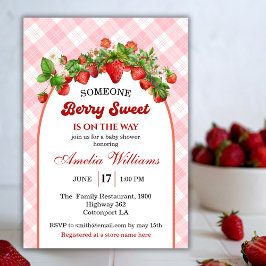 Charming Arch Rosa Strawberry Gingham Baby Shower Inbjudningar