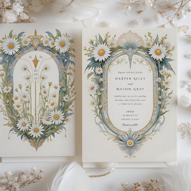 Charming Art nouveau Daisy Blommigt Bröllop Inbjudningar (Skapare uppladdad)