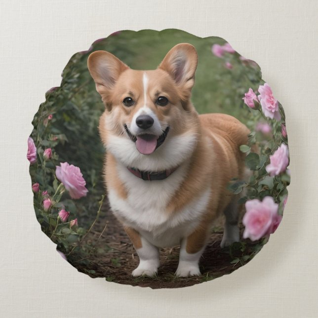 "Charming Assion: A Corgi i Rosa ros Garden Rund Kudde (Framsidan)