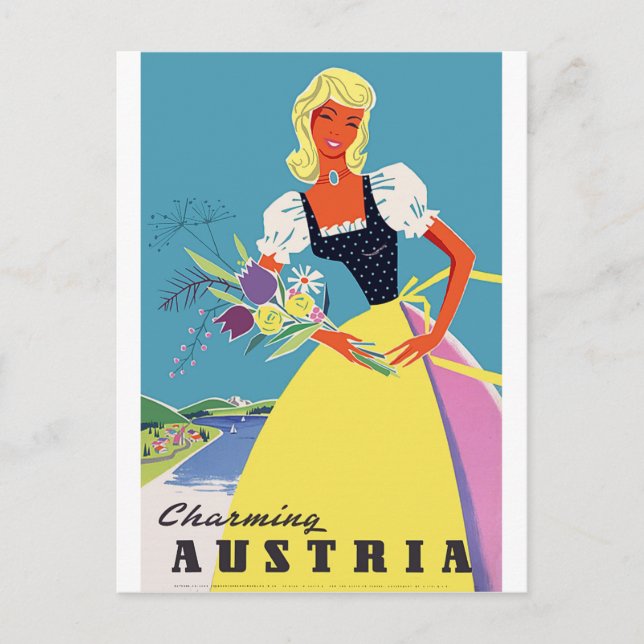 Charming Austria, Women with Blommor, illustration Vykort (Framsida)