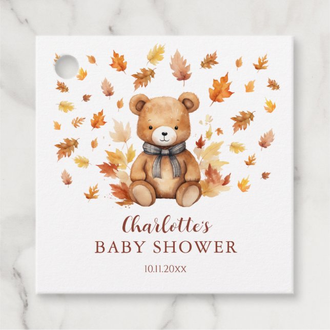 Charming Autumn Nalle Baby Shower Gåvor Etiketter (Framsida)