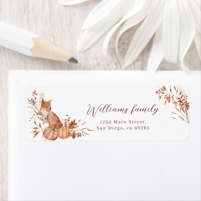 Charming Autumn Terracotta Baby Fox Pumpkin Returadress Etikett (Insitu)