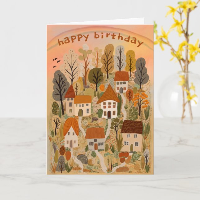 Charming Autumn Village Fall Cute Birthday Kort (Gul blomma)