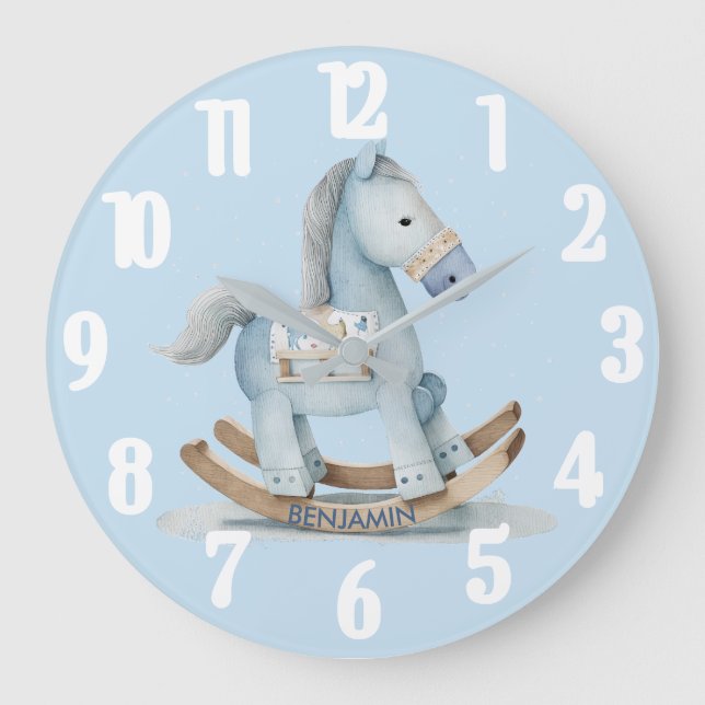 Charming Baby Boy Blå Gunghäst Namn Stor Klocka (Framsida)