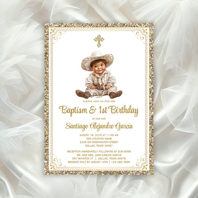 Charming Baby Charro Guld Baptism & Birthday Invit Inbjudningar (Adorable baby charro baptism invitation, You can change all text, move baby, move/remove cross/)
