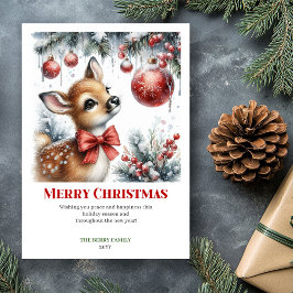 Charming Baby Fawn Christmas Scene Watercolor Card Julkort