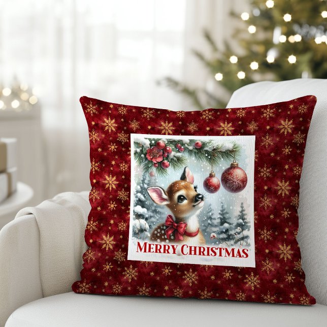 Charming baby fawn festive winter scene Christmas  Kudde (Charming baby fawn festive winter scene Christmas pillow)