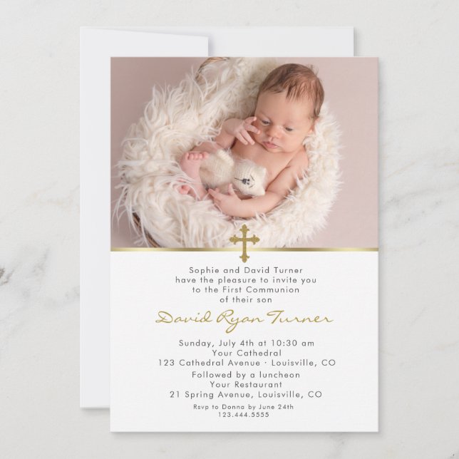 Charming Baby Photo Guld Kor Heliga Communion Inbjudningar (Framsida)