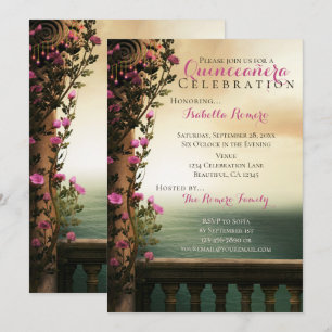 Charming Balcony med Rosa ros Beach Quinceañera Inbjudningar