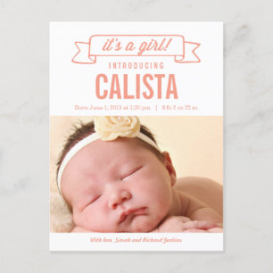 Charming Banner Birth Notification - Flicka Meddelande Vykort