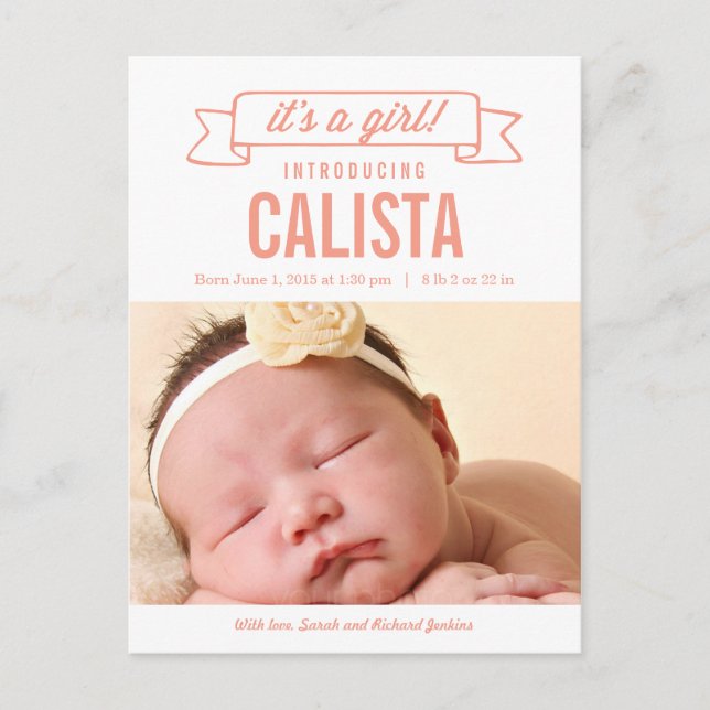 Charming Banner Birth Notification - Flicka Meddelande Vykort (Framsida)