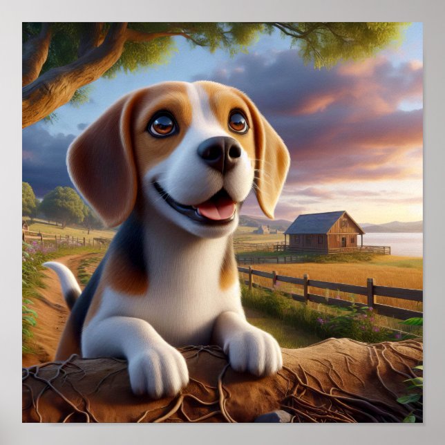 Charming Beagle i ett Rustic Countryside Scene Poster (Framsidan)