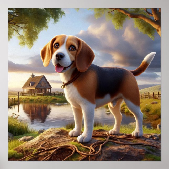 Charming Beagle i ett Rustic Countryside Scene Poster (Framsidan)