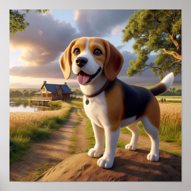 Charming Beagle i ett Rustic Countryside Scene Poster (Framsidan)