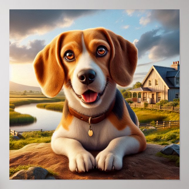 Charming Beagle i ett Rustic Countryside Scene Poster (Framsidan)