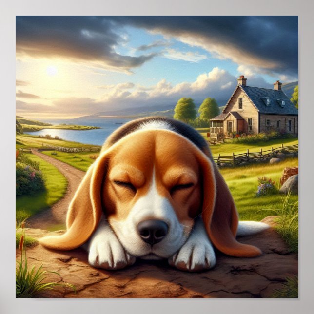 Charming Beagle i ett Rustic Countryside Scene Poster (Framsidan)
