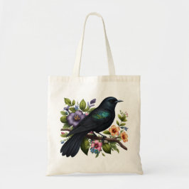 Charming Black Bird med Flowers i Bloom Tygkasse