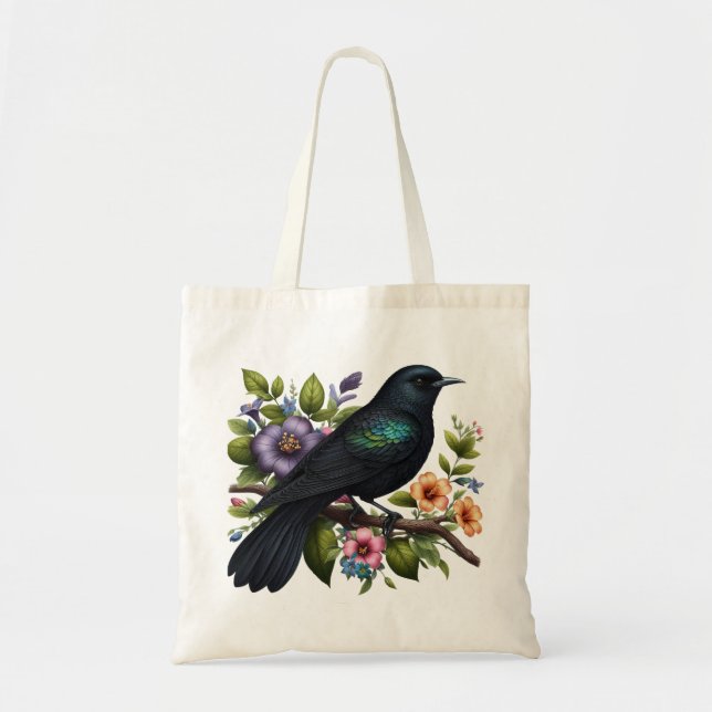 Charming Black Bird med Flowers i Bloom Tygkasse (Framsidan)