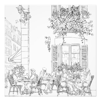Charming Black White Paris Café Sketch Fototryck