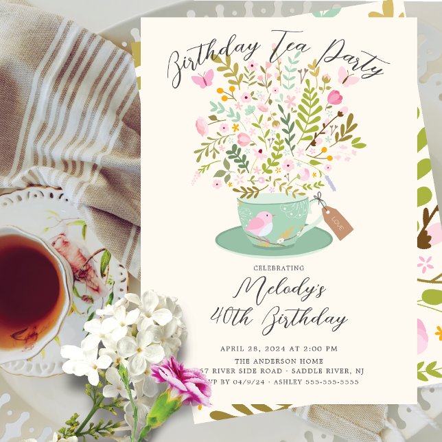 Charming Blommigt Birthday Tea Party-inbjudan Inbjudningar (Skapare uppladdad)
