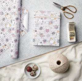 Charming Blommigt Cat Wrapping Papper Presentpapper