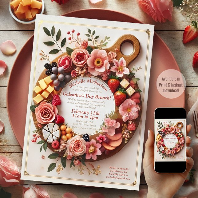 Charming Blommigt Charcuterie Galentine's Day Part Inbjudningar (Galentine's Day Charcuterie Board)
